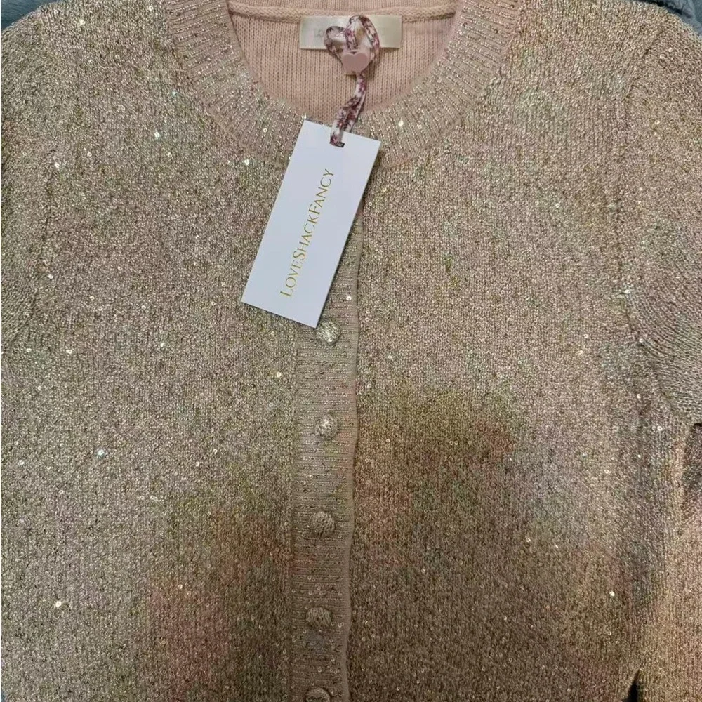 LoveShackFancy Ferra Sequin Stretch Knit Cardigan Color:Honey Gold NWT